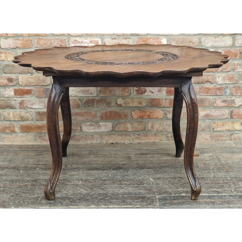 1376 - 19th century Southern Indian Anglo Portuguese carved hardwood centre table with folding top and inci... 