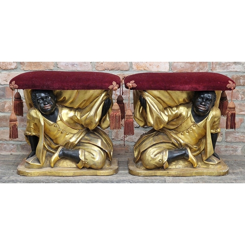 1378 - Exceptional quality pair of 19th century giltwood and gesso blackamoor stools with red velvet uphols... 