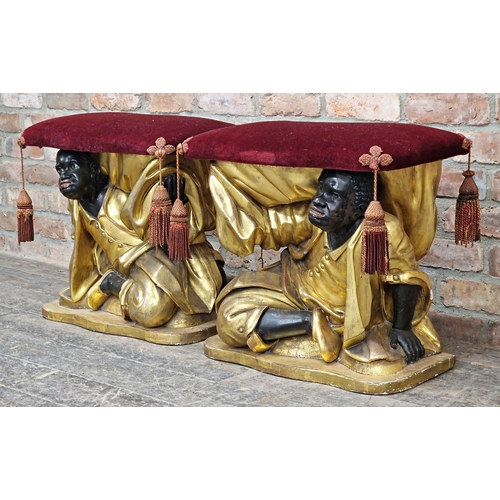 1378 - Exceptional quality pair of 19th century giltwood and gesso blackamoor stools with red velvet uphols... 