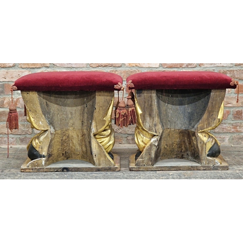 1378 - Exceptional quality pair of 19th century giltwood and gesso blackamoor stools with red velvet uphols... 