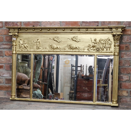 1445 - 19th century giltwood and gesso triptych overmantle mirror, with bevelled edge glass, classical char... 