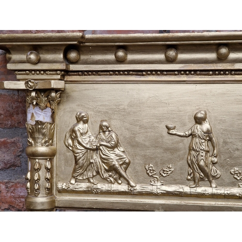 1445 - 19th century giltwood and gesso triptych overmantle mirror, with bevelled edge glass, classical char... 