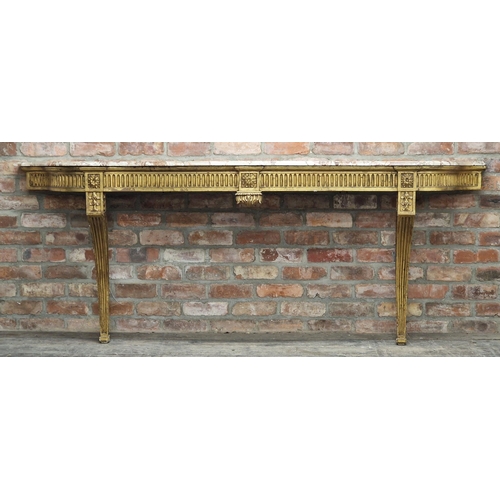 1380 - large French giltwood serpentine console table with marble top, carved detail and fluted frieze, H 9... 