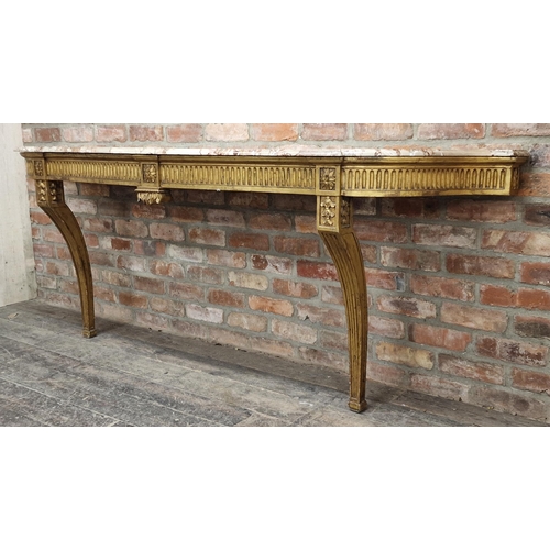 1380 - large French giltwood serpentine console table with marble top, carved detail and fluted frieze, H 9... 