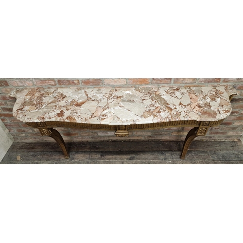 1380 - large French giltwood serpentine console table with marble top, carved detail and fluted frieze, H 9... 