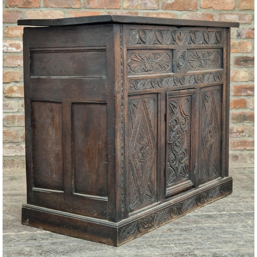 1381 - 18th century carved oak cabinet with hinged lid and single cupboard door, H 91cm x W 115cm x D 50cm