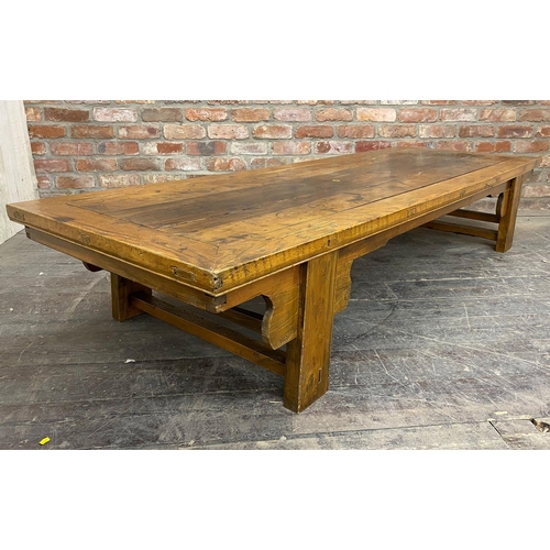 1231 - Antique Chinese elm low altar table, L 213.5 x W 77.5 x H 40.5cm