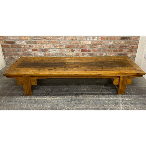 1231 - Antique Chinese elm low altar table, L 213.5 x W 77.5 x H 40.5cm