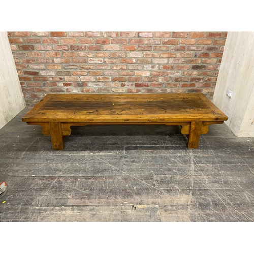 1231 - Antique Chinese elm low altar table, L 213.5 x W 77.5 x H 40.5cm