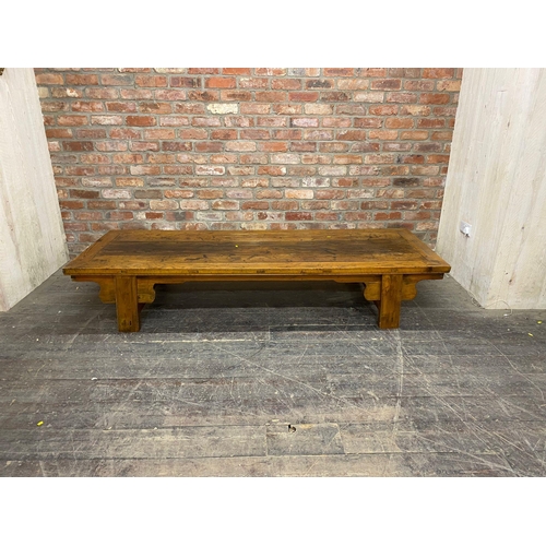 1231 - Antique Chinese elm low altar table, L 213.5 x W 77.5 x H 40.5cm