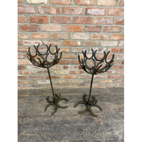 1005 - Near pair of upright scratch built iron horse shoe planters, H 80 x D 34cm