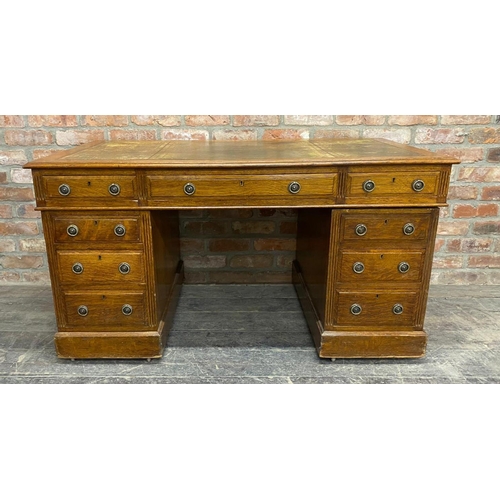 1238 - Early 20th century oak twin pedestal desk, gilt tooled leather top, W 137 x D 73 x H 75cm