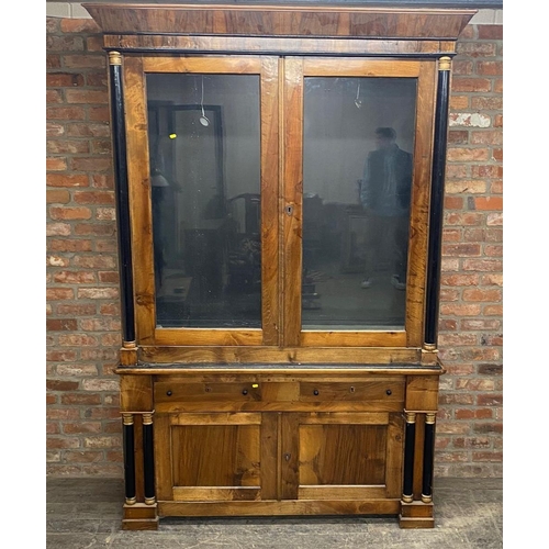 1239 - Good quality large and impressive French Empire walnut display cabinet, with ebonised pilasters, twi... 