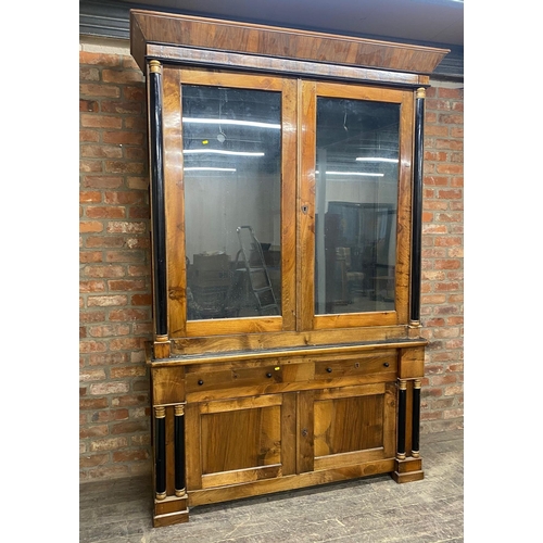 1239 - Good quality large and impressive French Empire walnut display cabinet, with ebonised pilasters, twi... 