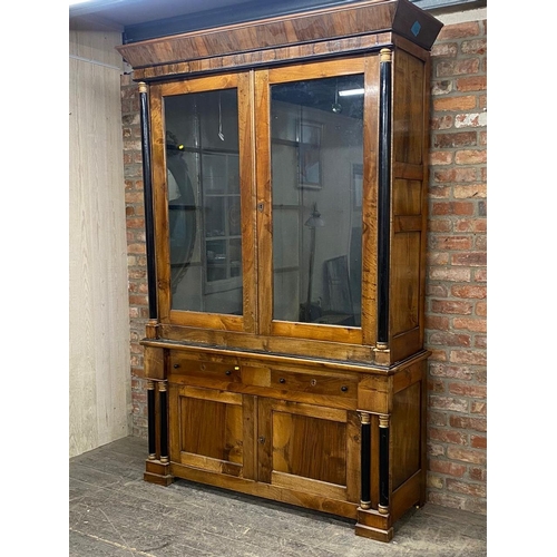 1239 - Good quality large and impressive French Empire walnut display cabinet, with ebonised pilasters, twi... 