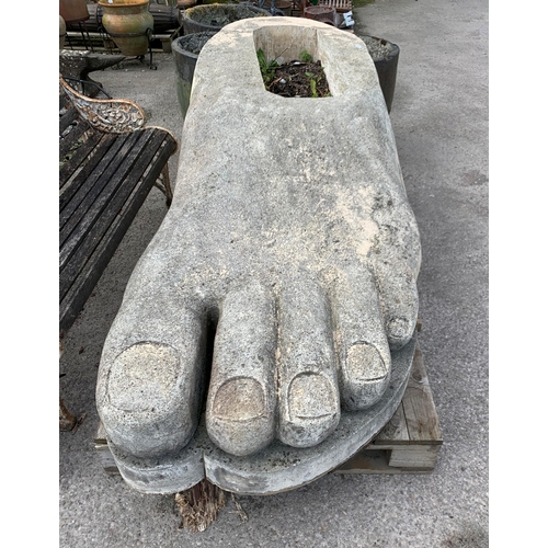 1074 - Impressive very large reconstituted stone garden planter in the form of a foot, inscribed 'Ken Lacy'... 