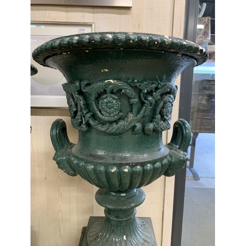 1136 - Impressive matched pair of Victorian cast iron Campana urns on pedestals with twin mask loop handles... 