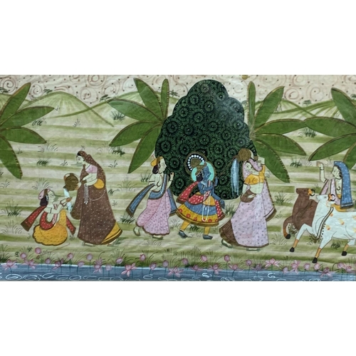 1525 - Mughal school - procession of figures and livestock in garden setting, unsigned, mixed media on line... 