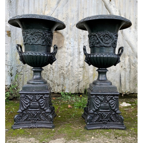 1158 - Good quality pair of Victorian cast iron twin handled Campana urns on plinths, H 90 x Dia 50cm (2)