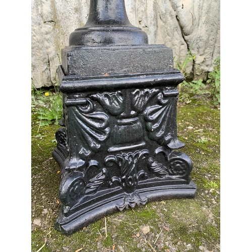 1158 - Good quality pair of Victorian cast iron twin handled Campana urns on plinths, H 90 x Dia 50cm (2)