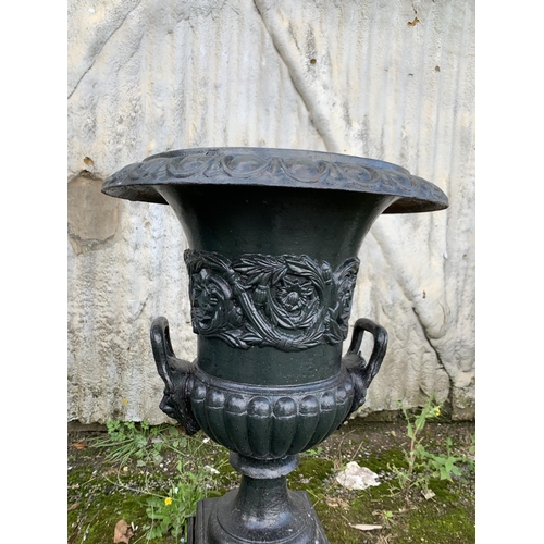 1158 - Good quality pair of Victorian cast iron twin handled Campana urns on plinths, H 90 x Dia 50cm (2)