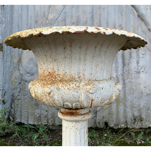 1159 - Pair of white painted cast iron pedestal urns, on fluted columns, H 82 x Dia 50cm