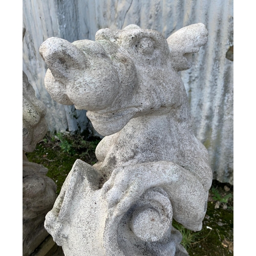 1160 - Pair good quality reconstituted stone Dragons of Griffins holding shields upon well moulded plinth b... 