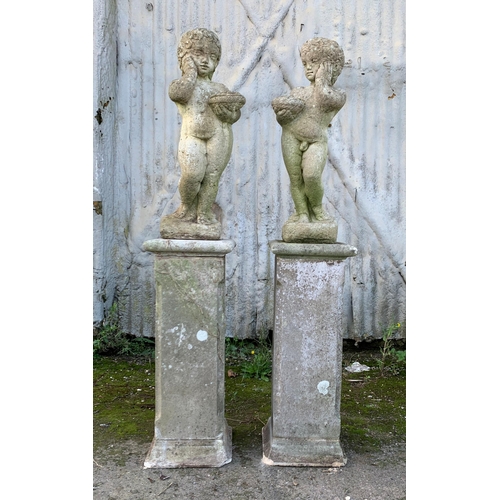 1161 - Pair of reconstituted stone cherubs on good plinth column bases, 150cm high in total (2)