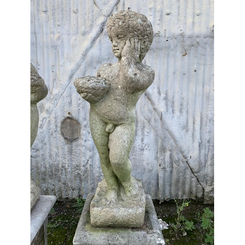 1161 - Pair of reconstituted stone cherubs on good plinth column bases, 150cm high in total (2)