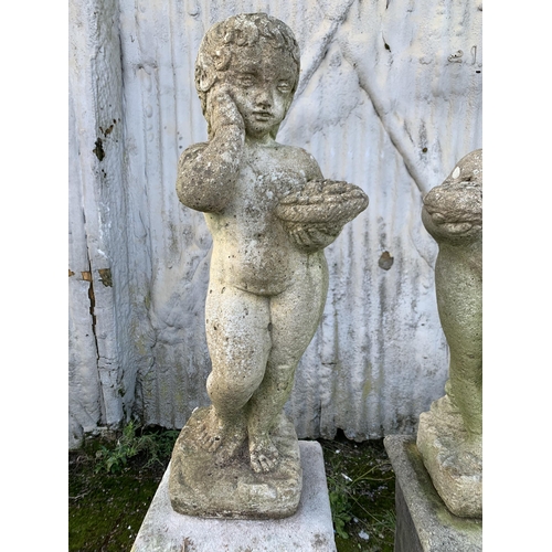 1161 - Pair of reconstituted stone cherubs on good plinth column bases, 150cm high in total (2)