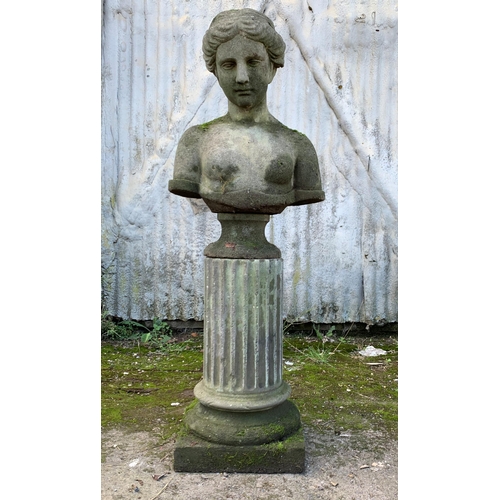 1162 - Good reconstituted stone maiden bust on socle and fluted column plinth, 120cm high in total