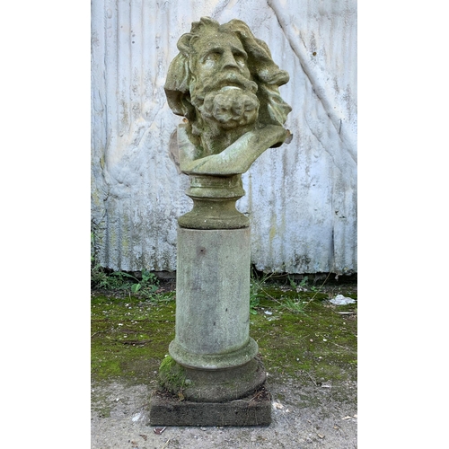 1163 - Reconstituted stone bust of Zeus, on classical column plinth, 115cm high in total