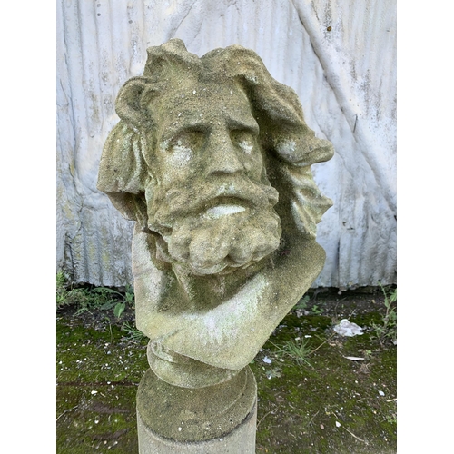 1163 - Reconstituted stone bust of Zeus, on classical column plinth, 115cm high in total