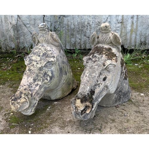 1165 - Good pair of carved natural stone horse or unicorn heads, H 50cm x W 75cm