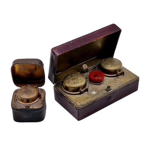 255 - Victorian leather bound double travel inkwell with pen brush to include an additional single inkwell... 