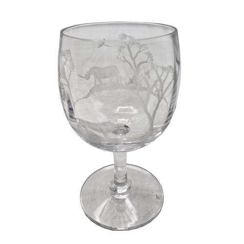 472 - Antique etched wine glasses to include wild African game and squirrel example, largest H 13cm (2)