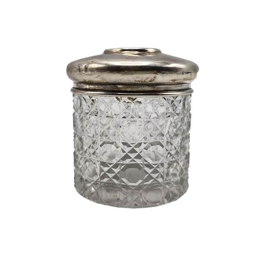 179 - Collection of five silver lidded glass scent jars, one with enamel push button, with a further ink w... 