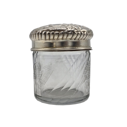 179 - Collection of five silver lidded glass scent jars, one with enamel push button, with a further ink w... 