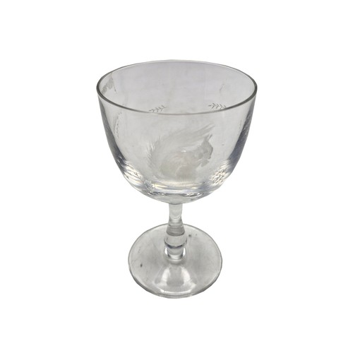 472 - Antique etched wine glasses to include wild African game and squirrel example, largest H 13cm (2)