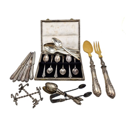 222 - Mixed silver - Cased set of six Albany handle teaspoons, silver handled bone salad servers, six silv... 