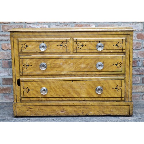 1382 - Victorian scumbled pine chest of two short over two long drawers with stencilled detail, H 78cm x W ... 