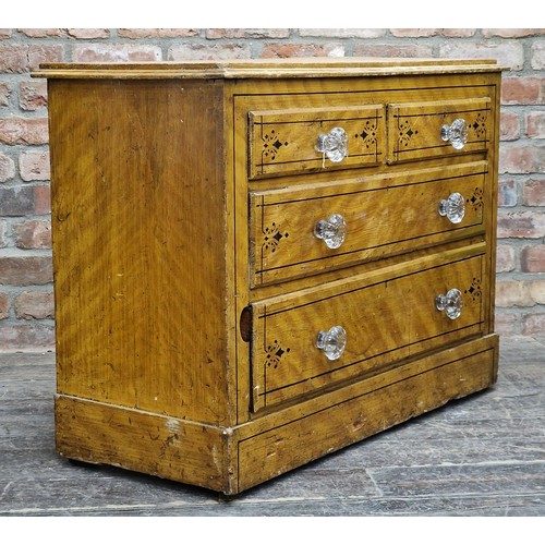 1382 - Victorian scumbled pine chest of two short over two long drawers with stencilled detail, H 78cm x W ... 