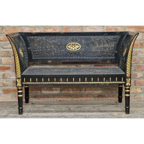 1383 - Antique ebonised bergere bench / sofa with gilt painted detail, H 82cm x W 128cm x D 46cm