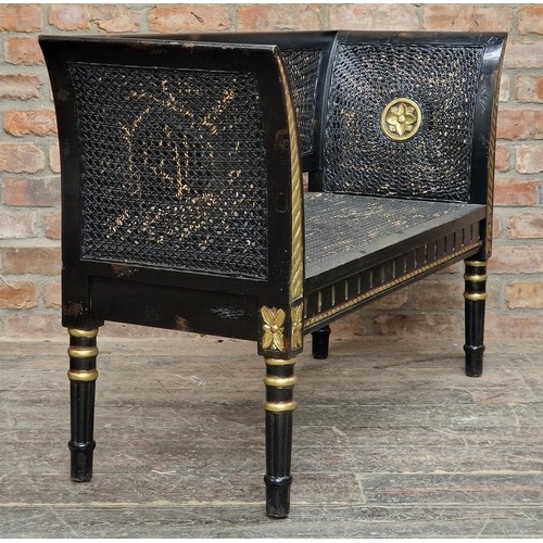 1383 - Antique ebonised bergere bench / sofa with gilt painted detail, H 82cm x W 128cm x D 46cm