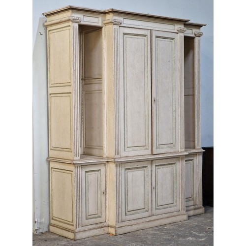 1384 - Good quality substantial French breakfront bookcase with Corinthian column pilasters and distressed ... 