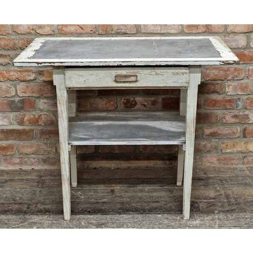 1308 - Vintage Gustavian zinc topped table with single frieze drawer and distressed paintwork, H 81cm x W 1... 