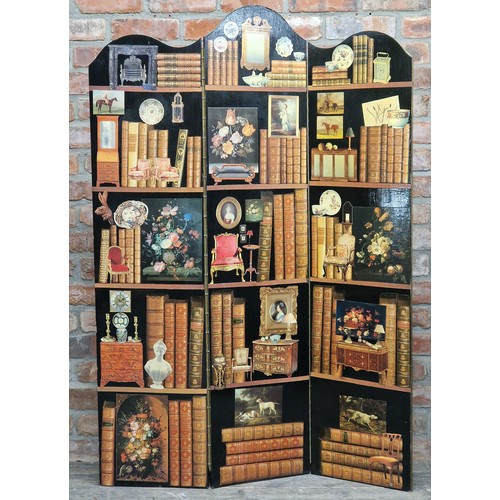 1317 - 20th century ebonised decoupage three fold screen, H 150cm x W 106cm