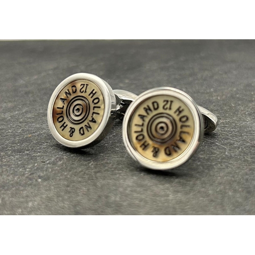 268 - Holland & Holland chrome and horn shotgun cartridge cufflinks, boxed