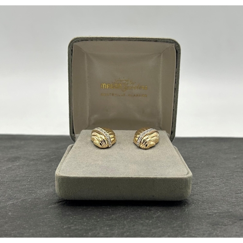 49 - Pair of 14k diamond scallop shell earrings, with band of graduated stones, 2.5 x 1.5cm, 6.8g