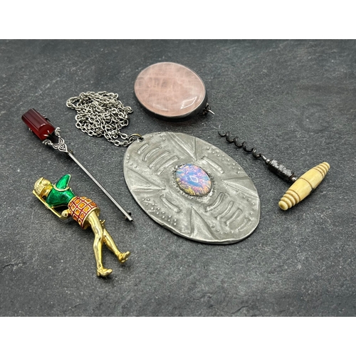 54 - Mixed costume - pewter and opal pendant on chain, rose quartz brooch, silver and bloodstone kilt pin... 